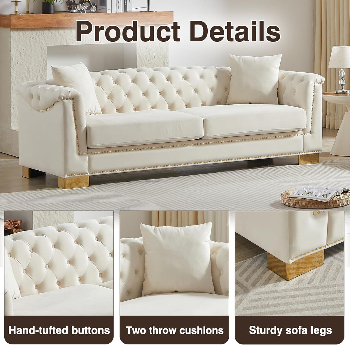 Harper & Bright Designs 84" Classic Modern Chesterfield Sofa - Velvet 3-Seater Couch with Rolled Arms, Tufted Back & Studs for Living Room - Beige