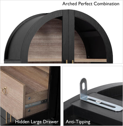 Kitchen 71" Arched Pantry Hidden Storage，Black-V | Adjustable Shelves Soft-Close Doors Anti-Tip Safety 4-Door Racks Durable MDF Multi-Room Use
