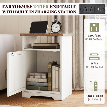AMERLIFE 4-Piece Farmhouse Living Room Furniture Set with 66" TV Stand, Coffee Table & 2 End Tables, Barn Door Design, Large Storage Shelves, Built-in Charging Station & USB Ports, Distressed White