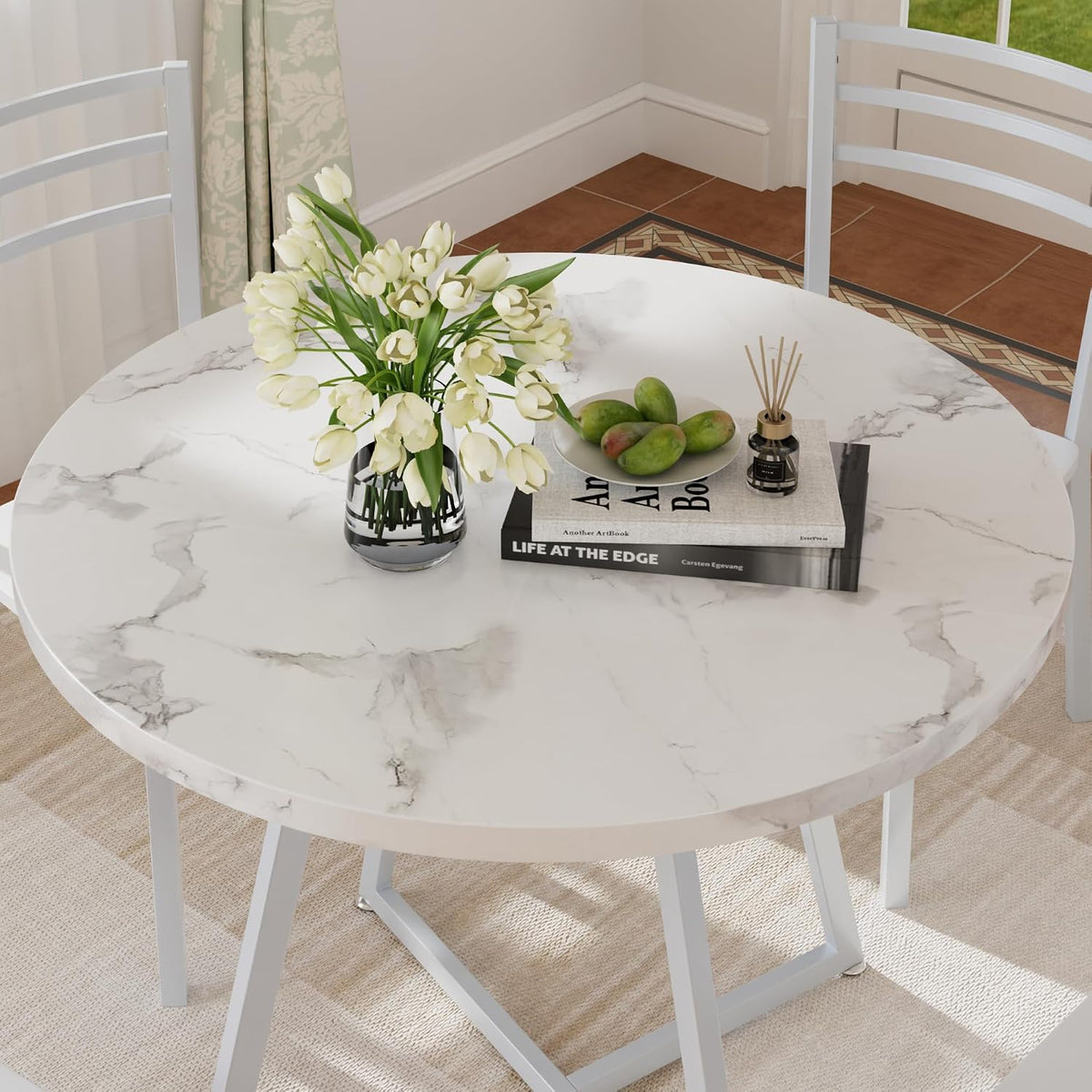 VECELO Round Dining Room Table with Wood Grain Tabletop and Steel Frame, for Kitchen, Living Room, Office, Conference, 2 to 4 Person, White Faux Marble