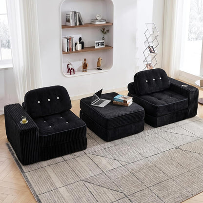 Folding Futon Sleeper Sofa Bed Chair, No Assembly, Black 3 | Dual-layer flannel corduroy| Anti-collapse foam| Pillow and blanket included| Side pockets| Ergonomic for lounging