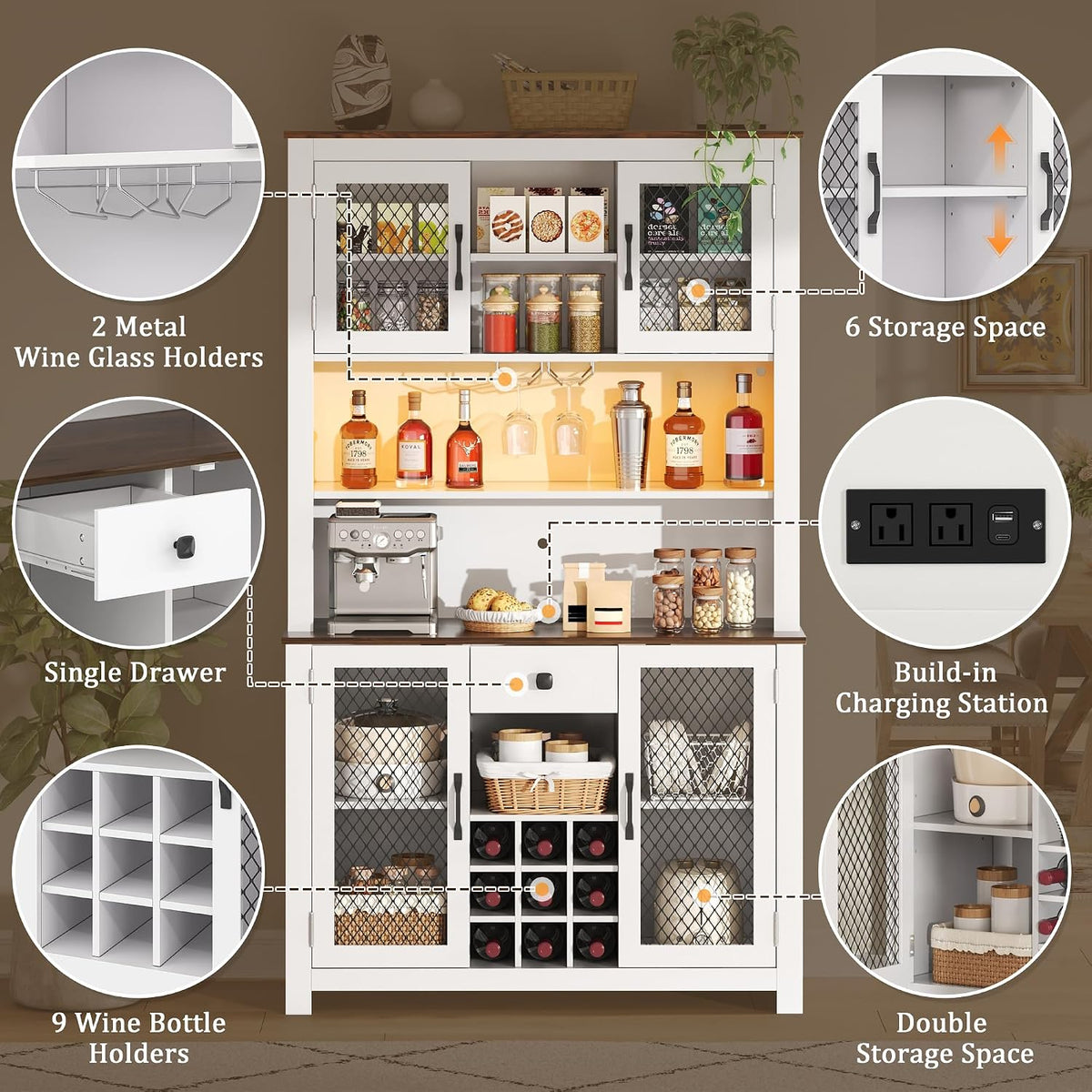 SOFTSEA Kitchen Pantry Cabinet with Built-in Power & USB Outlets, Kitchen Storage Cupboard with Doors, Wine Rack and Shelves, Rustic Buffet Cabinet with LED Light, 47.1x11.8x70.9 Inch, White