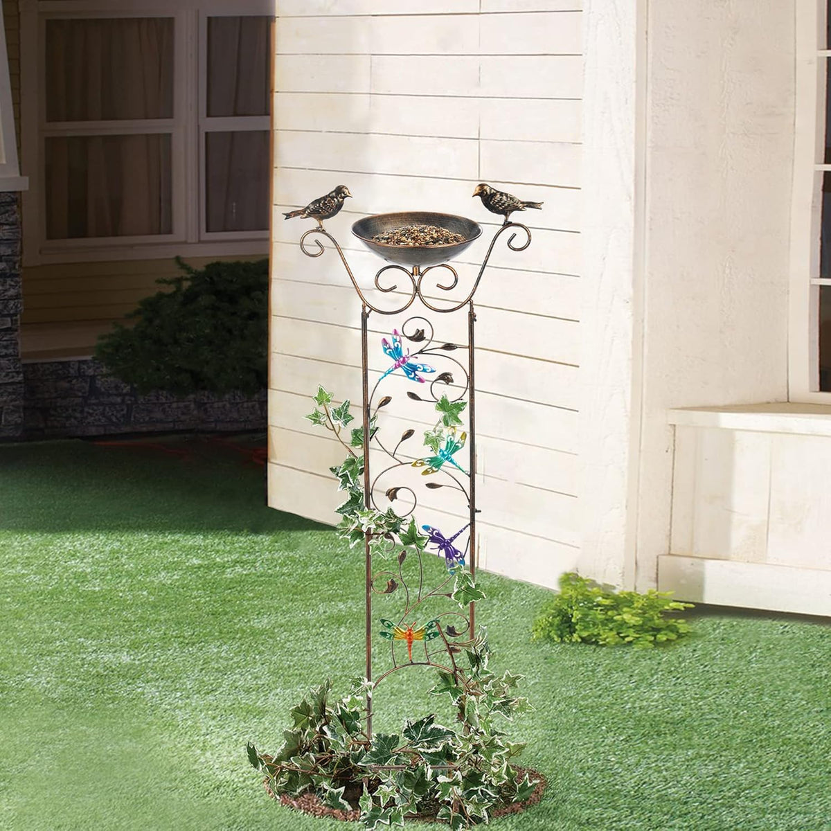 SUNNYPARK Bird Bath with Trellis Outdoor, Antique Garden Iron Plant Trellis with Decorative Dragonfly Detachable Bird Bath Bowl Metal Potted Plant Support for Climbing Flowers