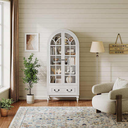 LIVAUVEAD 67" Tall Arched Kitchen Pantry Cabinet with Hidden Drawers & Adjustable Shelves, Bookshelf with Glass Door, Arched Cabinet for Kitchen, Dining Room