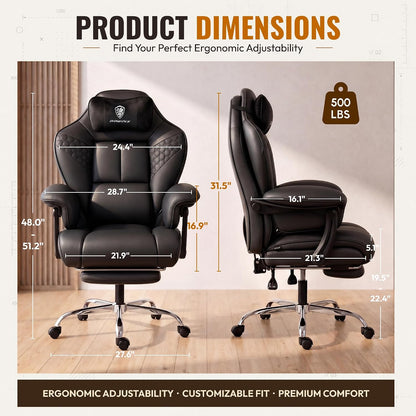 Dowinx Big and Tall Gaming Chair with Footrest for Home Office 500LBS Black | High Back Leather Office Chair, Extra-Wide & Thick-Padded Seat Cushion with Ergonomic Lumbar Support and Soft Linkage Armrest
