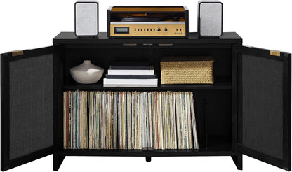 Crosley Furniture Kenji Media Console, Record Player Stand with Vinyl Storage, Modern Home Organizer, Black