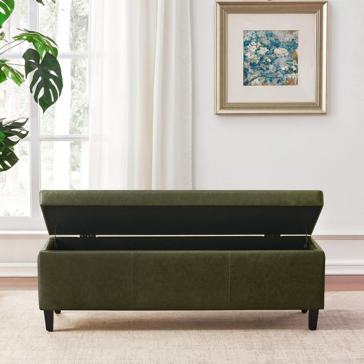 HUIMO Faux Leather Storage Ottoman Bench 50.3 Inch Extra Long PU Upholstered Bedroom Bench with Large Storage Space for The Living Room, Entryway, Bedroom Hold Up to 300lbs (Green)