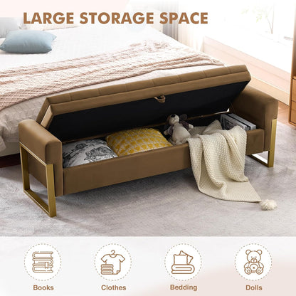 67" Storage Bench for Bedroom, King Size End of Bed Bench, Upholstered Storage Ottoman Bench with Golden Metal Legs, Bedroom Bench for Entryway, Brown