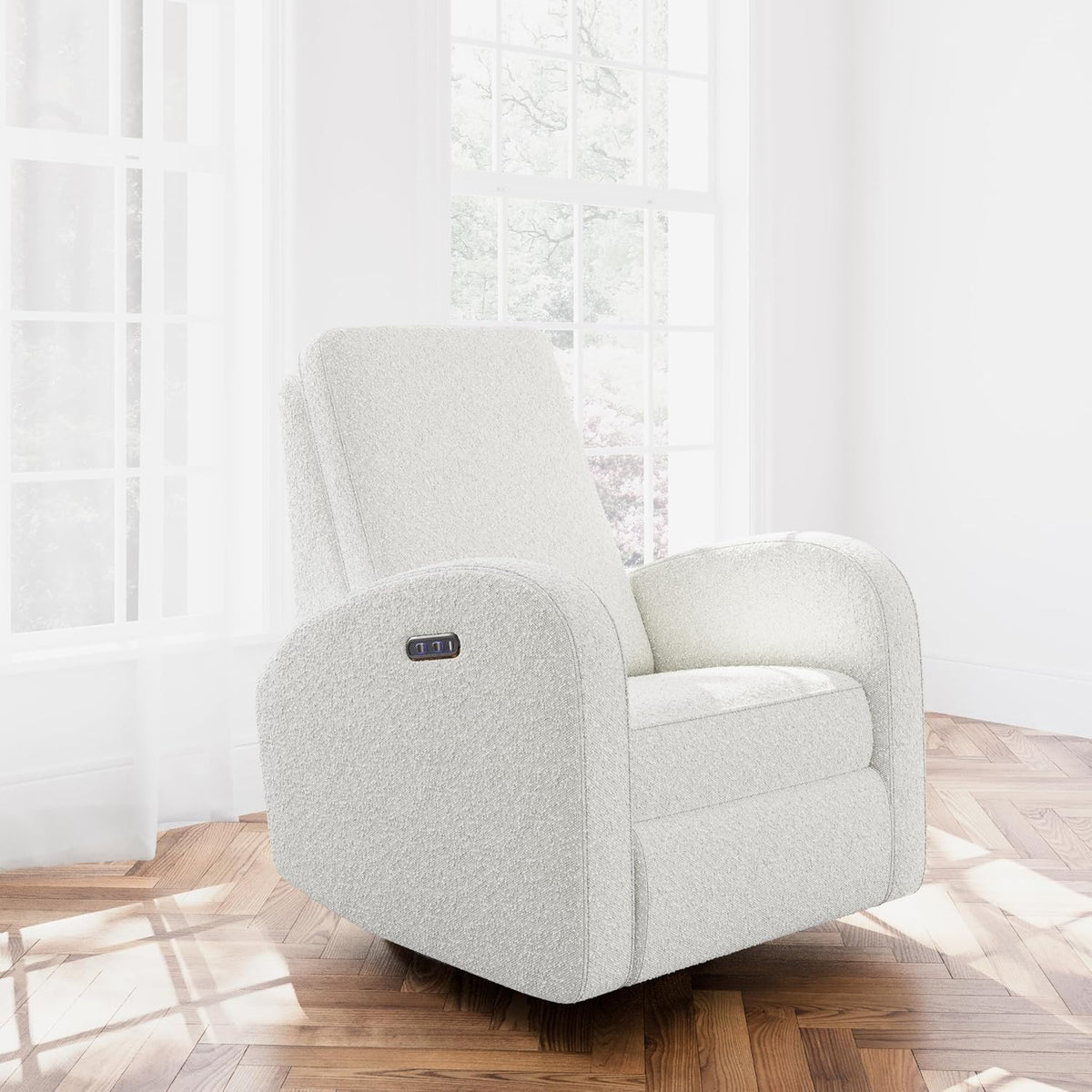 Storkcraft Santa Monica Power Recliner Swivel Glider (Ivory Boucle) – Effortless Electronic Power Recline, USB-A & USB-C Charger