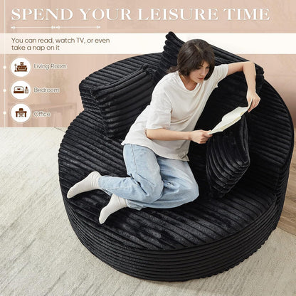 Oversized Round Chaise Longue Chair Indoor, Modern 55-inch Upholstered Corduroy Deep Seat Circle Single Cloud Lounge Floor Sofa Chair for Living Room, Bedroom Apartment, Black