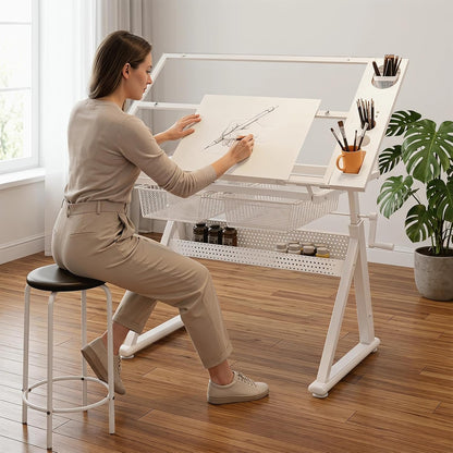 Drafting Table w/Art Stool, Hand Crank Height Adjustable Drawing Desk for Adults with Tilting Glass Top (0-70°), 2 Storage Drawers, Artist Table for Painting & Sketching(White)
