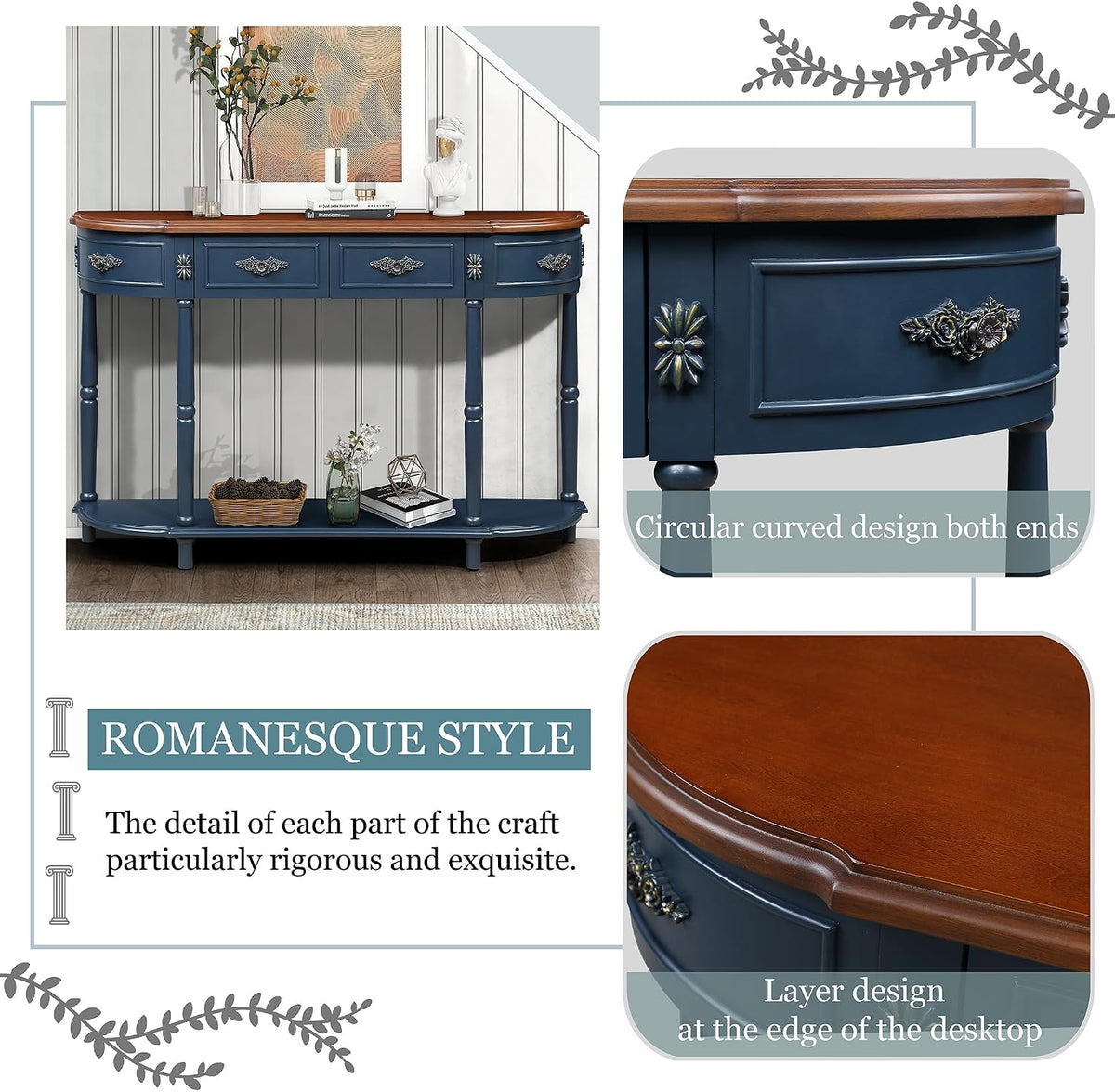 P PURLOVE Curved Console Table with 2 Drawers, Retro Sofa Table with Solid Wood Frame and Legs, Half Moon Entry Table for Home Kitchen Entryway (Navy Blue)
