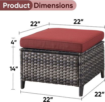 Outdoor Ottoman Set of 2 - PE Wicker Rattan Ottoman Patio Footstool for Deck Porch Balcony Garden - Grey/Red