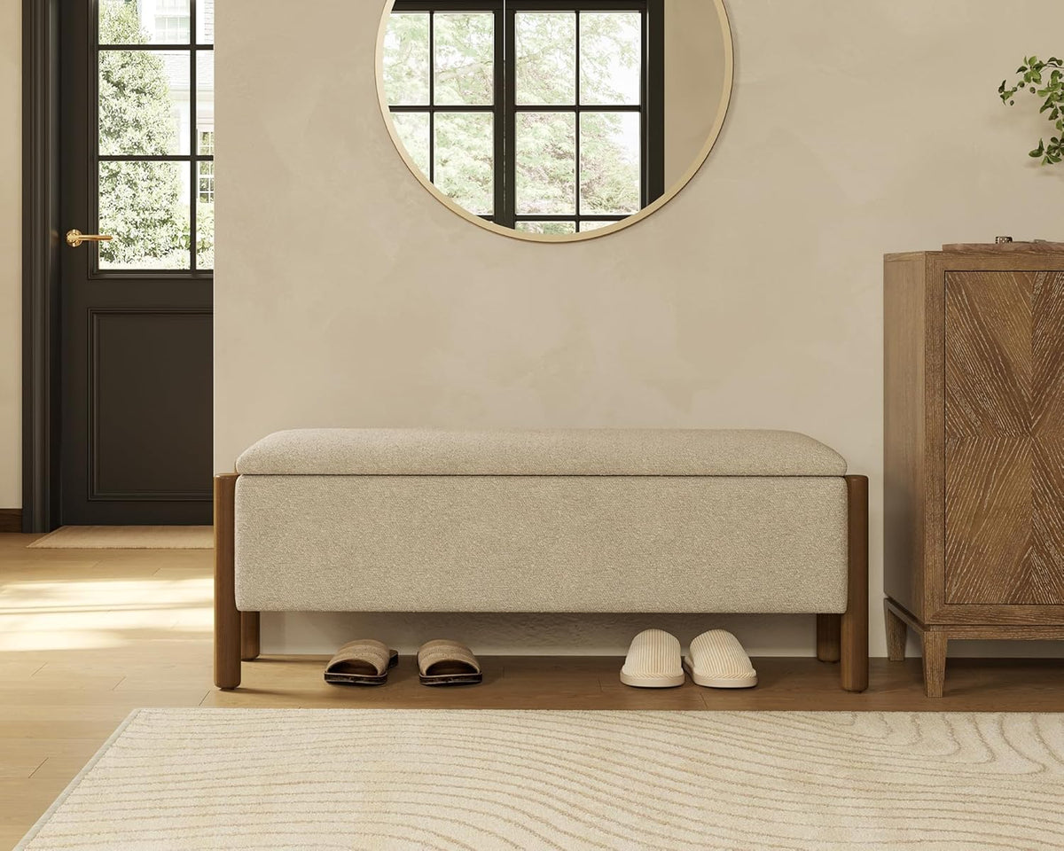 Storage Ottoman Bench, End of Bed Bench for Bedroom, 47" Boucle Upholstered Entryway Shoe Seat Bench, Holds up to 660 lb Storage Ottoman, Padded Blanket Chest Stool Foot Rest for Living Room Beige