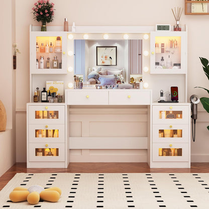 62 Inch Large Makeup Vanity Desk with Mirror and Lights 3 Color Lighting, Glass Top Vanity Table with Power Outlet and RGB Glass Cabinet, 8 Drawers Dressing Table for Bedroom and Dressing Room, White