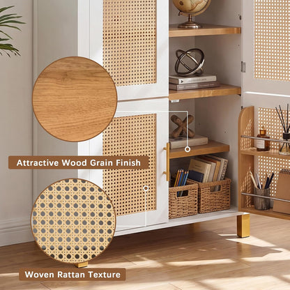 71" Tall Arched Cabinet with Rattan Doors & Adjustable Shelves, White | 4-Door Modern Farmhouse Storage Cabinet with Built-in Racks – Versatile Organizer for Kitchen, Dining Room, Study, Sturdy MDF