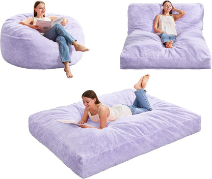 Hobestluk Bean Bag Chair Convertible 3 in 1 Beanbag Washable Giant Adult | Large,Memory Foam Filling,Lounge,Plush Faux Fur,Bean Bag Bed ,Removable Cover,Living Room Bedroom Dorm,Sleeping,Full,Purple
