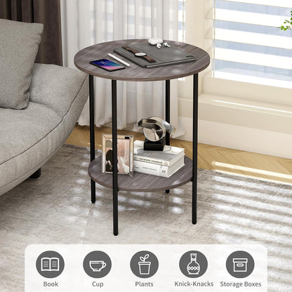 Side Table,Round End Table with 2 Storage Shelves| Compact Side Tables for Living Room, Couch, Office & Bedroom | Narrow Accent Table as Space-Saving Small Bedside Table 18x18x22in (Grey)