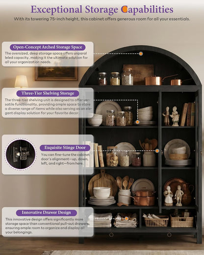 TYBOATLE 75'' Arched Cabinet with 3 Glass Doors, Pantry Cabinet for Kitchen | Arch Cabinet, Pantry Cupboard with Rattan Drawers and Anti-Tip Device, Farmhouse Pantry for Kitchen Bathroom, Black