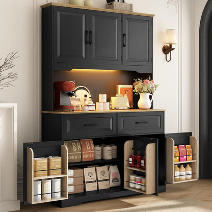 71" Tall 47" Wide Large Pantry Storage Cabinet w/ Power Outlet,LED Light,Farmhouse Kitchen Hutch Food Pantry Cabinet,2 Drawer,8 Doors Shelves,Open Countertop for Kitchens,Dining Room,Black