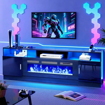 70" Fireplace TV Stand with Power Outlet, Entertainment Center with 36" Fireplace for TVs Up to 80", Modern TV Console for Living Room with High Gloss Storage Cabinet & LED Lights, Black-Black