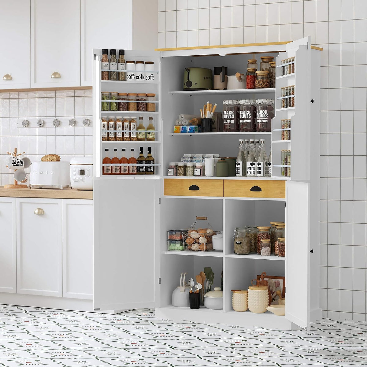 Litex 40.2" Wide Kitchen Pantry Cabinet, 71.3" Tall Freestanding Storage Cabinet with 2 Drawers, Adjustable Shelves & 8 Door Shelves, Large Farmhouse Kitchen Cupboard for Kitchen Dining Room (White)