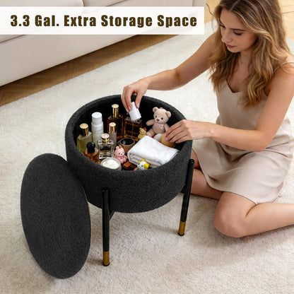 Round Ottoman with Storage,Soft Velvet Vanity Stool,Ottoman Coffee Table with Metal Legs,Foot Stool for Living Room Bedroom, Black