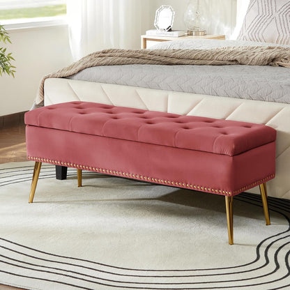 HULALA HOME Modern Velvet Storage Ottoman Bench with Gold Base & Nailhead Trim, Upholstered Bedroom Bench for End of Bed, Button-Tufted Footstool for Entryway Living Room Dining Room, Rosewood
