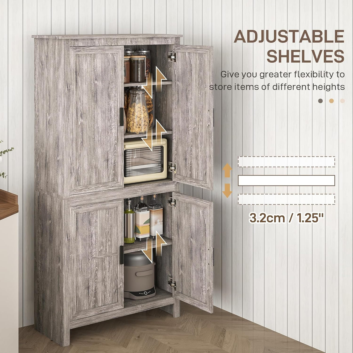 HOMCOM 64" Kitchen Pantry Cabinet, Freestanding Storage Cabinet with 4 Doors and 3 Adjustable Shelves for Dining Room, Gray Oak