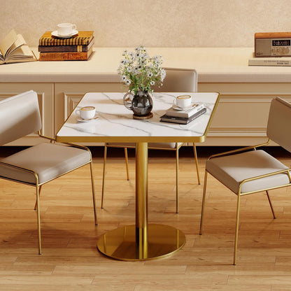 31.5'' Square Modern Dinning Table with Sintered Stone Tabletop, Golden Edge & Pedestal Base, Bistro Tulip Table for 2-4 Person for Dining Room/Cafe/Small Spaces/Restaurant (Snow Peak Marble)