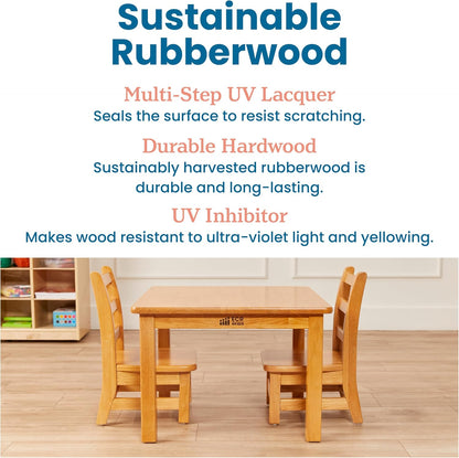 ECR4Kids 30in x 30in Square Hardwood Table with 16in Legs and Two 8in Chairs, Kids Furniture, Honey, 3-Piece | Durable rubberwood, GREENGUARD Gold Certified, ANSI/BIFMA Compliant, 2-3 years, 74 lb seat capacity, classroom & home use