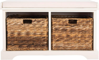 SAFAVIEH Furniture - Freddy 2-Basket Storage Bench - Vintage White - Solid Wood - Coastal Basket Storage Design - Ideal for Entryway, Living Room, Hallway, 18" Seat Height - Fully Assembled (AMH5736D)
