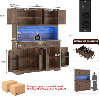 71" Tall Large Pantry Storage Cabinet w/Power Outlet,55" Wide Farmhouse Kitchen Hutch Storage Cabinet w/Barn Doors,2 Drawer,Large Countertop,LED Light,Rustic Coffee Bar,6 Hooks,8 Doors Shelves,Brown