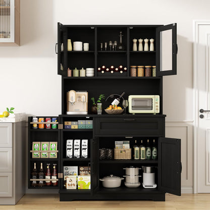 Shintenchi 68" Kitchen Pantry Storage Cabinet, with Microwave Stand, Black | Freestanding Buffet Cabinet, with 3 Door Shelves, Kitchen Hutch with Doors, Adjustable Shelves and Wine Rack
