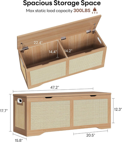 LIKIMIO 47.2" Rattan Storage Ottoman Bench Chest, Rustic Wood | Vintage brown rattan and wood frame; 330 lb support and 47.2 x 15.8 x 17.7 in size.