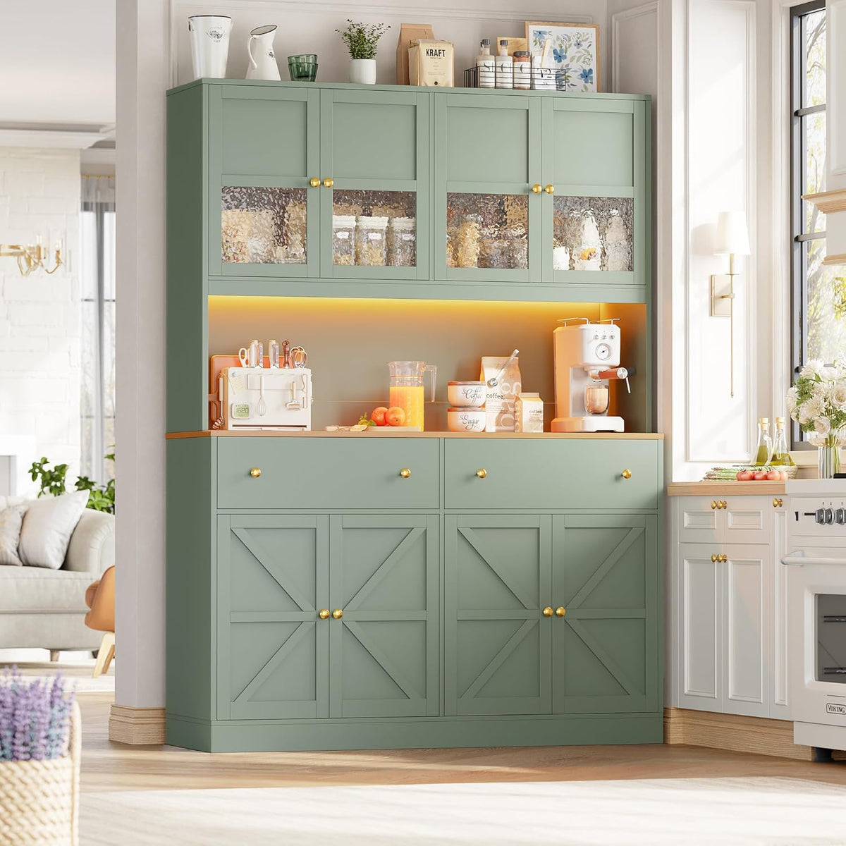 FINETONES 71" Pantry Cabinet with LED Light and Charging Station, Farmhouse Kitchen Pantry Cabinet with Microwave Stand, 47.2" Wide Kitchen Hutch Food Pantry with Open Countertop, Green