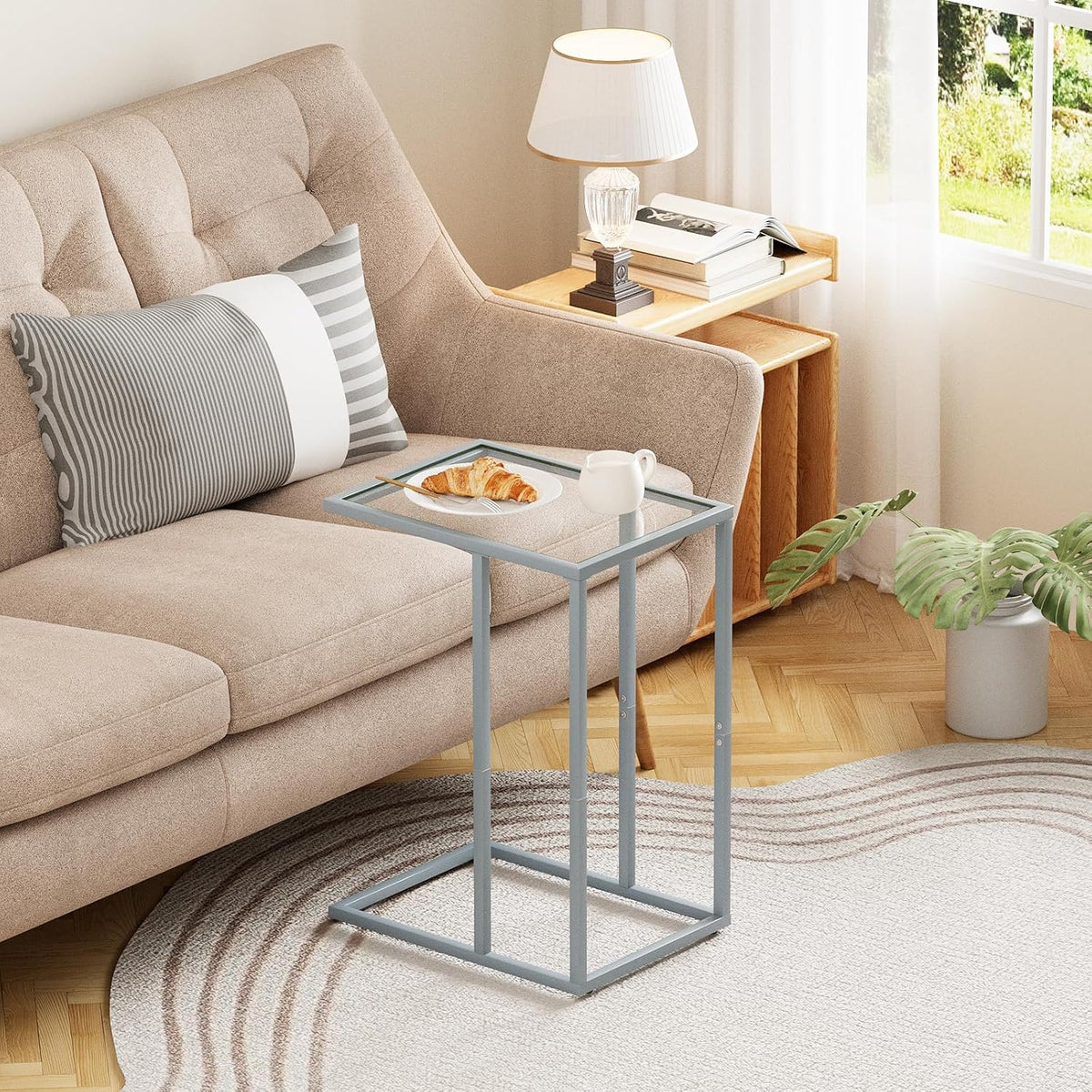 End Table,C Shaped Side Table for Sofa,Glass Couch Tray Snack Dinner Table for Living Room, Bedroom,TV Tray Table for Small Space,Living Room, Bedroom,Easy Assembly (Gray)