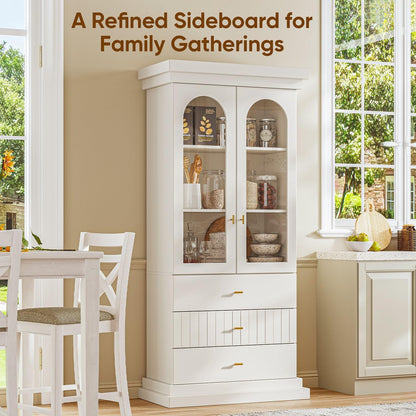 Vyre 71" Arched Kitchen Cabinet, Double Glass Door Display and Storage Cabinets with Drawers, Modern Pantry for Dining Room or Living Room, White with Gold Handles, 2 of Set