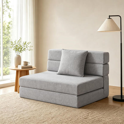 Folding Sleeper Chair Sofa Bed Lazy Couch with Pillow, Fold Out Chair Bed | Foam Futon Floor Couch, Convertible Sofa for Small Space Apartment Guest Room, Twin Size, Light Gray
