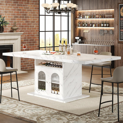 HSH Dining Table for 4–6, 63" Modern Kitchen Dining Room Table with Storage Shelves & Acrylic Door Cabinet,Wood Rectangle Dinner Table with Faux Marble Top for Home Apartment, White Faux Marble