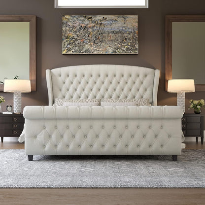 AMERLIFE Queen Size Upholstered Sleigh Bed Frame with Wingback Headboard