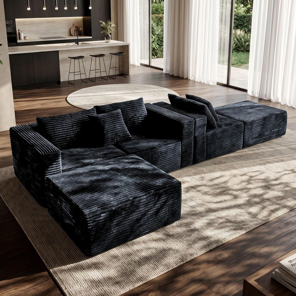 110" Modular Sectional Sofa with 2 Ottomans, U Shaped Cloud Couch for Living Room, Deep Seat Corduroy Floor Sofa, No Assembly Required, Compressed Couch, 5 Seat, Grey