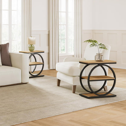 LITTLE TREE 3-Tier End Table, Side Table with Storage Shelves, Small Sofa Side Table for Living Room, Wooden Side End Table with Double Round Metal Legs, Slim Nightstand and Bedside Table, Oak