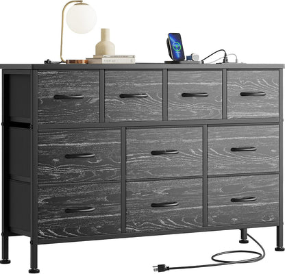 YaFiti TV Stand for Bedroom, Black Wood Veins | Dresser with 10 Fabric Drawers, Power Outlet
