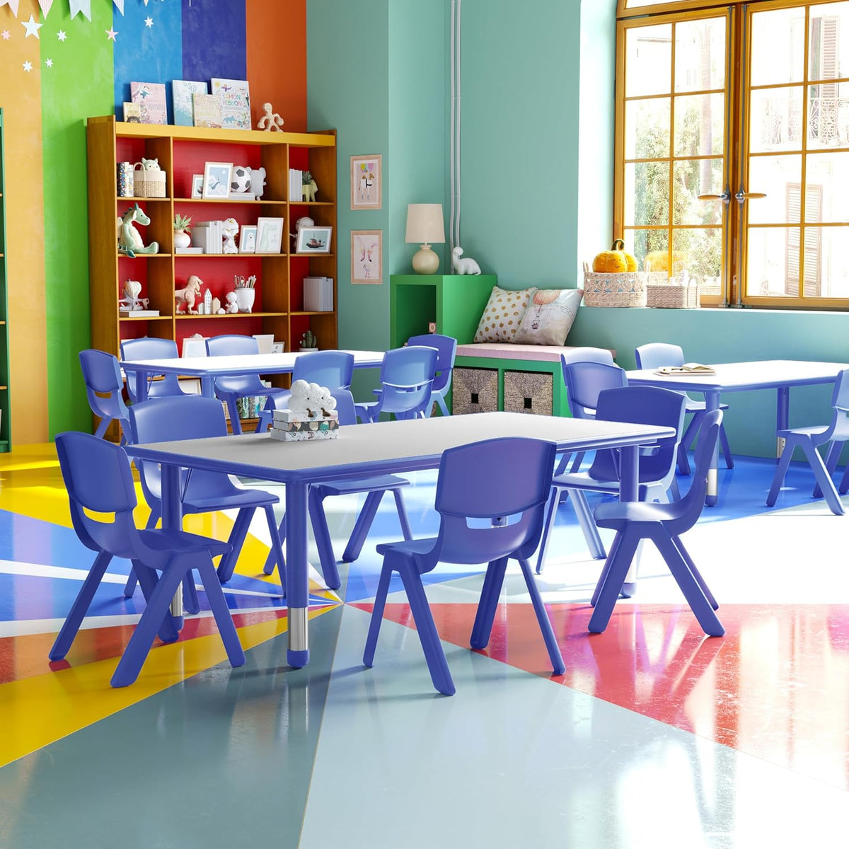 EMMA + OLIVER 23.625" W x 47.25" L Blue Plastic Activity Table Set-6 Chairs