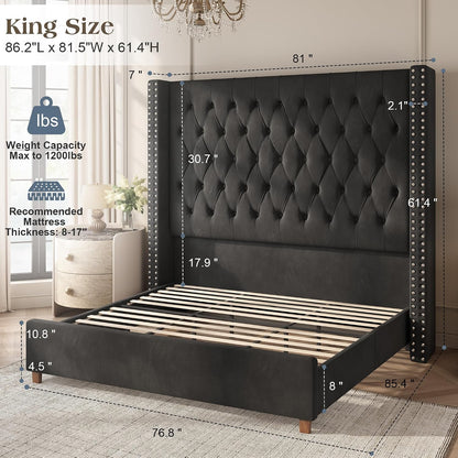 PaPaJet King Bed Frame 61.4" Tall Upholstered Wingback Headboard, Black