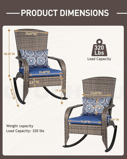 Outdoor Rocking Chairs Set of 2, Patio Rocker Chairs with Cushions & Steel Frame, All Weather Porch Rocking Chairs for Garden, Backyard, Poolside (Grey Rattan & Navy Blue Cushion, 320lbs)