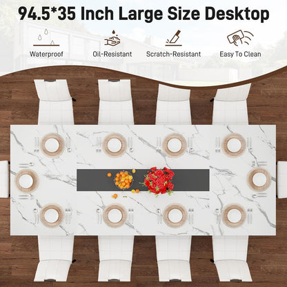 chartustriable Dining Table for 8-10 People,94" Large Modern Kitchen Table W/Built-in Table Runner Design,White&Black Industrial Rectangular Dinner Table,Waterproof Wood Table Sturdy Base,280lbs Load