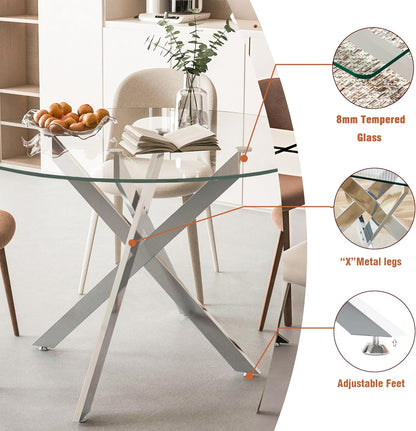 7-Piece Round Glass Dining Table Set for 6, 47" Circle Kitchen Table with 6 Black Velvet Chairs Modern Silver Glass Dining Room Table Set for 6 with Steel Leg Chair