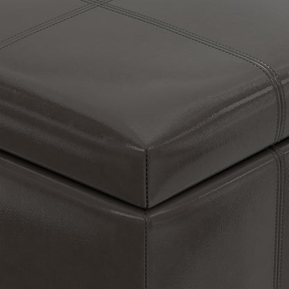 SIMPLIHOME Dover 36" Wide Vegan Leather Storage Ottoman in Tanners Brown | Contemporary ottoman with lift-top and safety hinges; upholstered rectangle storage bench for living room and entryway.
